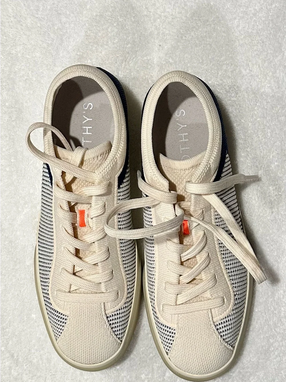 Rothy's Cream Knit Sneakers with Navy Stripe